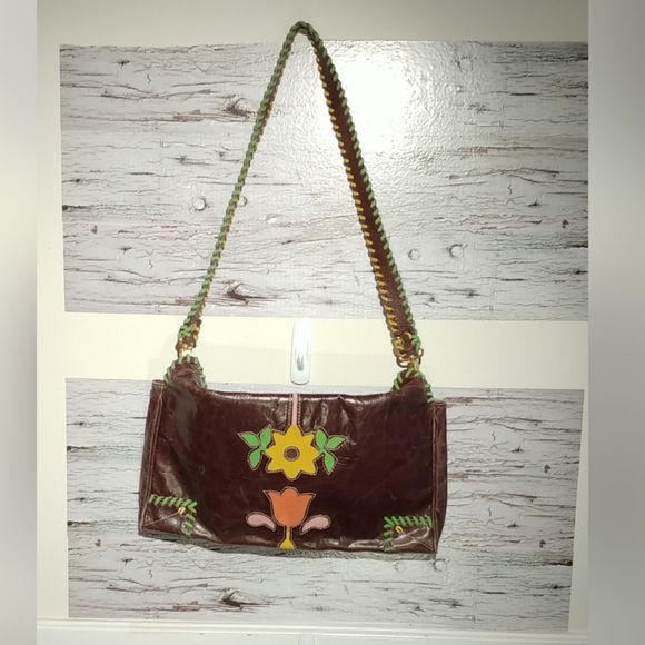 Loop Brown Leather Multi Floral Accent Hobo Bag - Picture 2 of 10